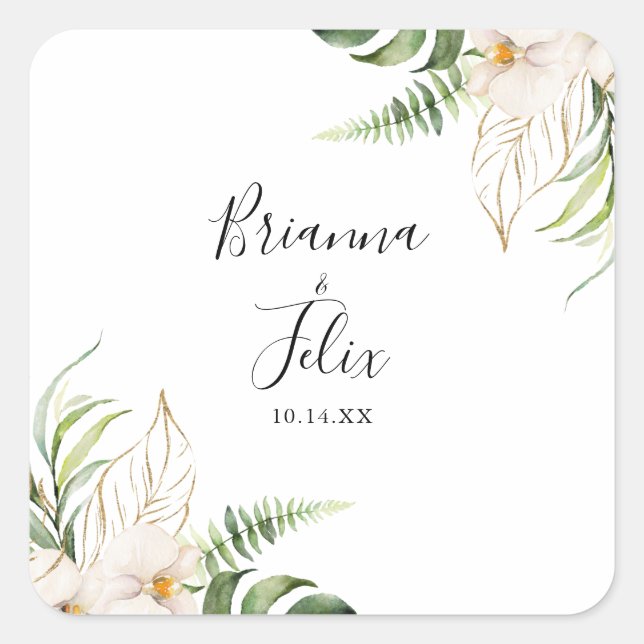 Gold Tropical Foliage Floral Wedding Envelope Seal (Front)