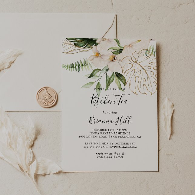 Gold Tropical Foliage Kitchen Tea Bridal Shower  Invitation (Creator Uploaded)