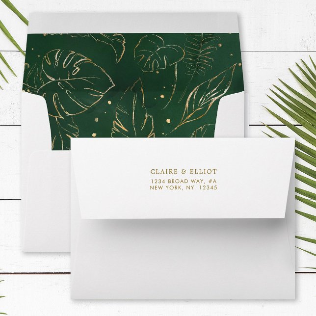 Gold Tropical Foliage Pre-Printed Address 5x7 Envelope (Inside & Back)