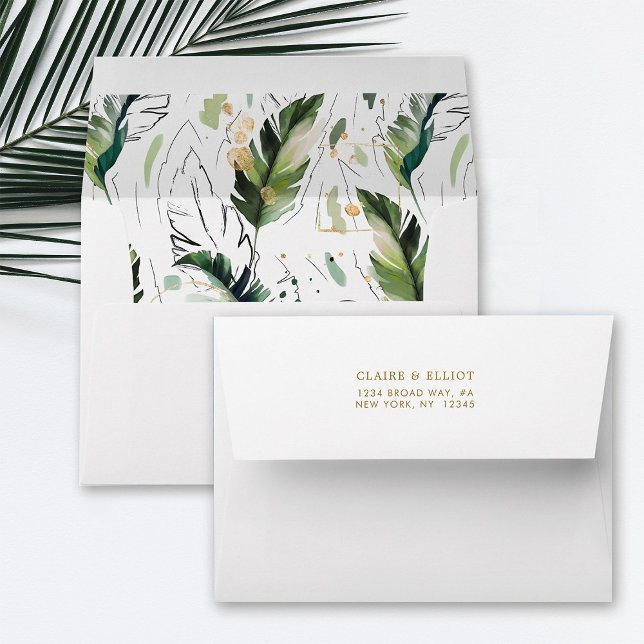 Gold Tropical Foliage Pre-Printed Address 5x7 Envelope (Inside & Back)