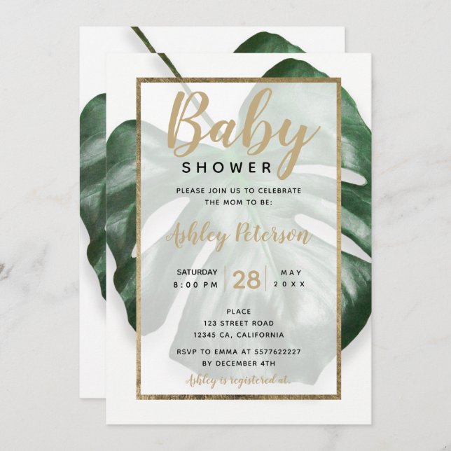 Gold tropical green monstera leaf baby shower invitation (Front/Back)