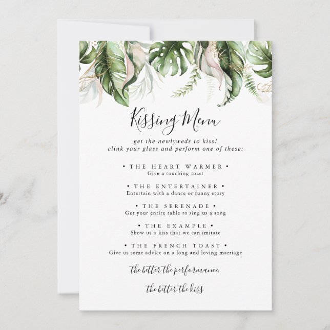 Gold Tropical Green Wedding Kissing Menu Game Card (Front)