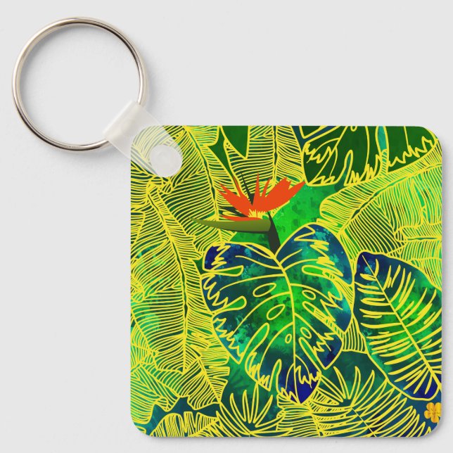 Gold Tropical Jungle Green Leaves Watercolor Key Ring (Front)