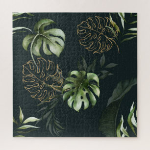 Gold Tropical Leaves: Dark Watercolor Jigsaw Puzzle