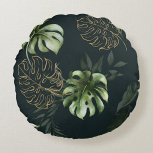 Gold Tropical Leaves: Dark Watercolor Round Cushion