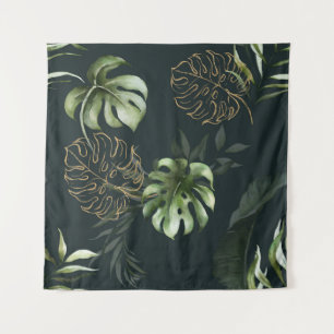 Gold Tropical Leaves: Dark Watercolor Tapestry