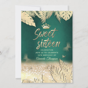 Gold tropical leaves glitter butterfly tiara invitation