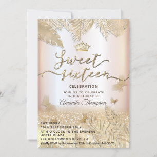 Gold tropical leaves glitter butterfly tiara invitation