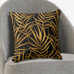 Gold Tropical Leaves on Black Cushion