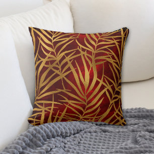 Gold Tropical Leaves on Burgundy Red Cushion