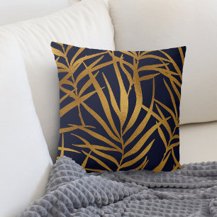 Gold Tropical Leaves on Navy Blue Cushion