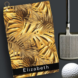 Gold Tropical Leaves Personalised Golf Towel