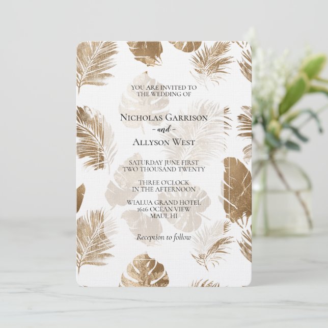 Gold Tropical Leaves Wedding Invitation (Standing Front)