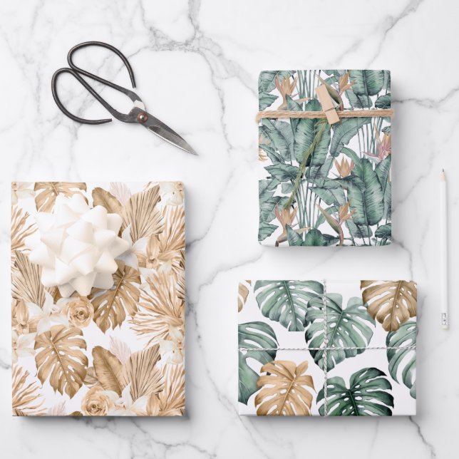 Gold Tropical Monstera Palms Wrapping Paper Sheet (Front)