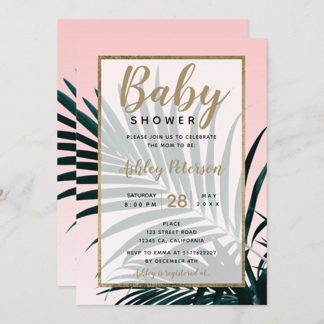 Gold tropical palm tree leaf baby shower invitation (Front/Back)