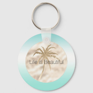 Gold Tropical Palm Tree Mint Aqua Ombre Key Ring