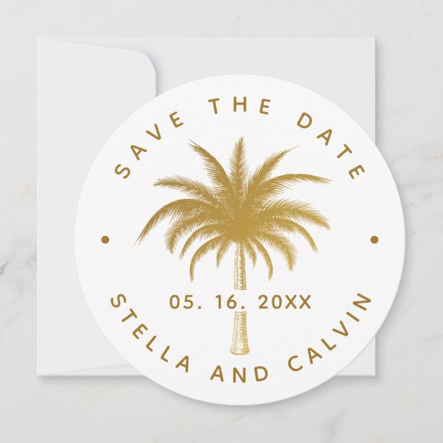 Gold Tropical Palm Tree Photo Wedding Save The Date (Front)