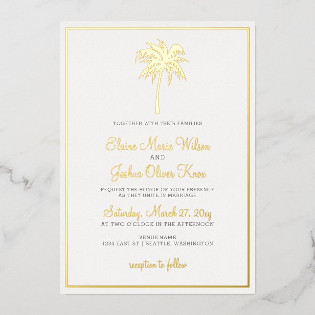 Gold Tropical Palm Tree Wedding Invitations (Front)