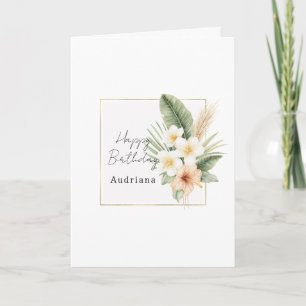 Gold Tropical Peach White Floral Birthday Card