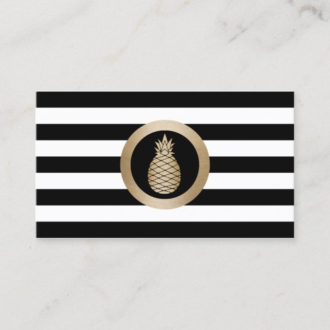 Gold Tropical Pineapple Modern Black White Stripes Business Card (Front)