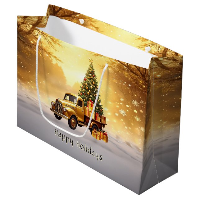 Gold Truck Christmas Tree Holiday Gift Bag (Front Angled)