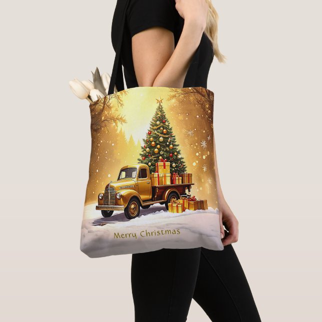 Gold Truck Christmas Tree Holiday Tote Bag (Close Up)
