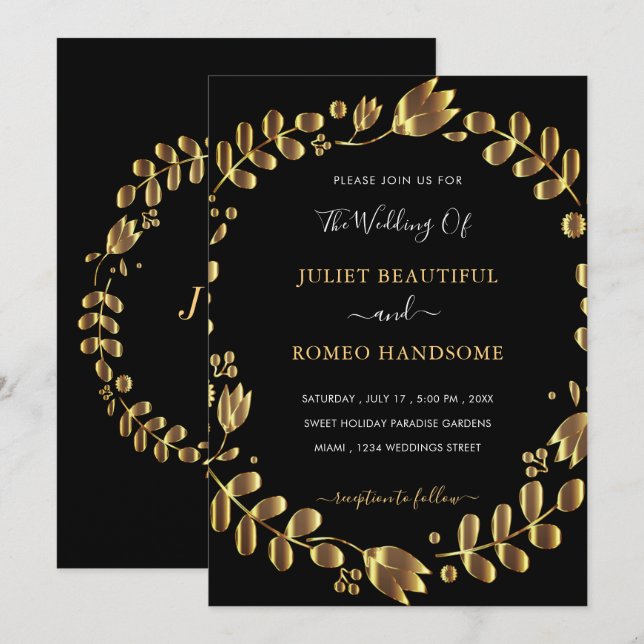 Gold Tulips Frame Black Wedding Invitation Card (Front/Back)