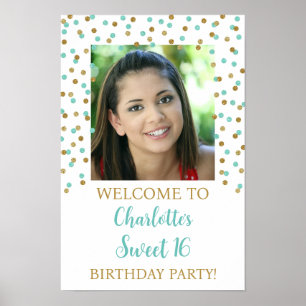 Gold turquois Sweet 16 Birthday Custom 12x18 Photo Poster