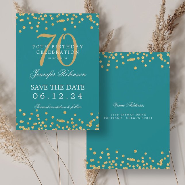 Gold Turquoise 70th Birthday Save Date Confetti Invitation (Gold Turquoise 70th Birthday Save Date Confetti Invitation)