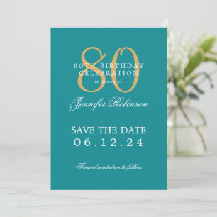 Gold Turquoise 80th Birthday Save the Date  Invitation