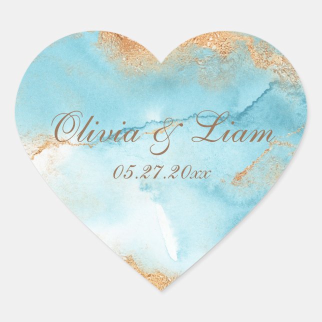 Gold Turquoise Abstract Name Date Elegant Wedding Heart Sticker (Front)