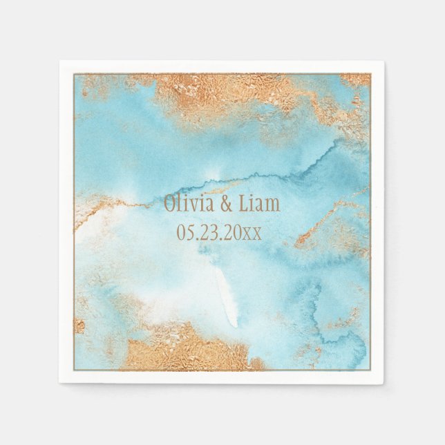 Gold Turquoise Abstract Name Modern Wedding Napkin (Front)
