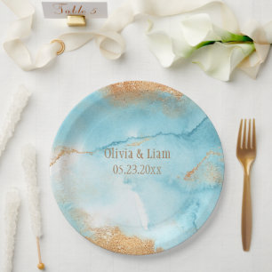 Gold Turquoise Abstract Name Modern Wedding Paper Plate