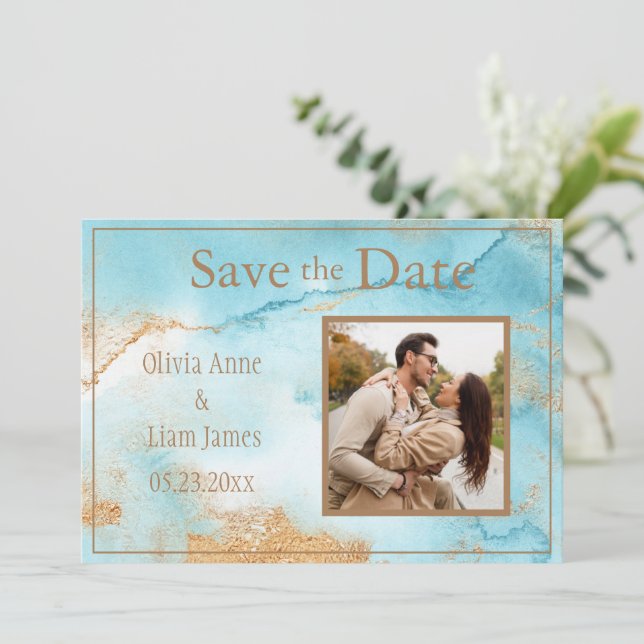 Gold Turquoise Abstract Photo Modern Save The Date (Standing Front)