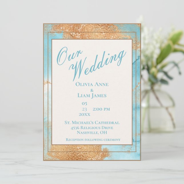 Gold Turquoise Abstract Script Wedding Invitation (Standing Front)