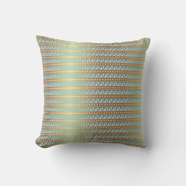 Gold Turquoise Aquamarine Stripes Metallic Royal Cushion (Front)