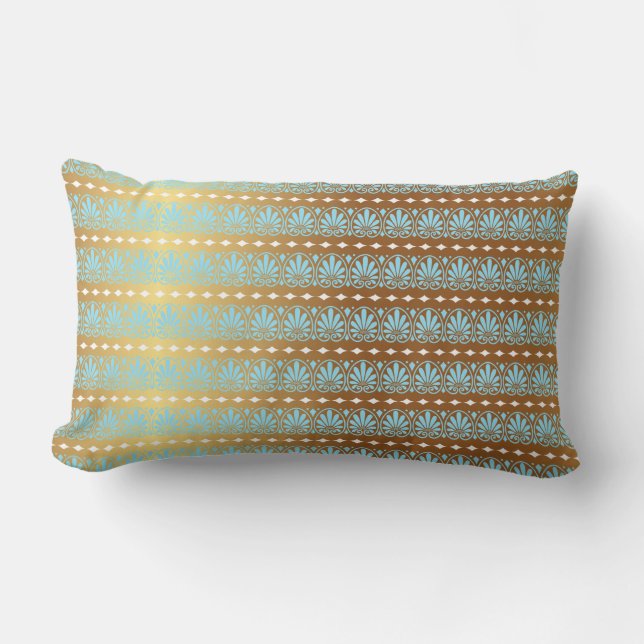 Gold Turquoise Aquamarine Stripes Metallic Royal Lumbar Cushion (Front)