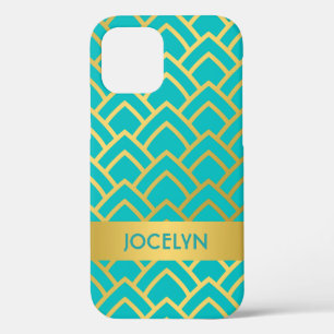 Gold Turquoise Art Deco Geometric Personalised iPhone 12 Case