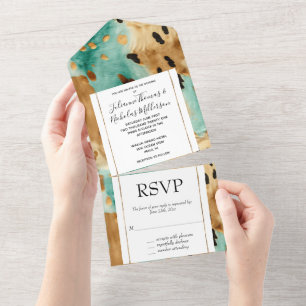 Gold Turquoise Black Animal Print All In One Invitation