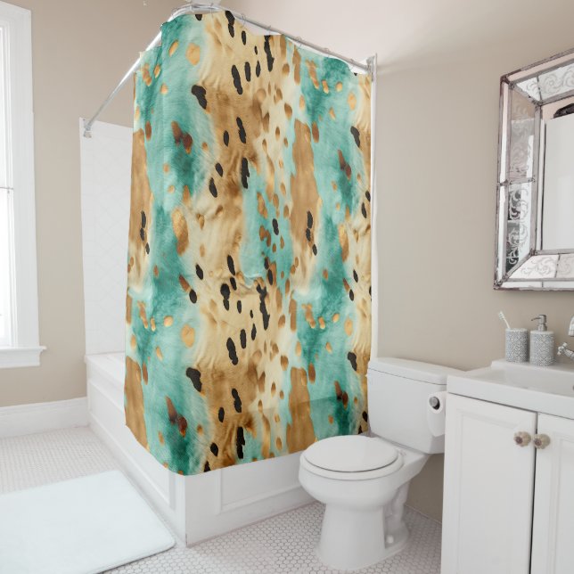 Gold Turquoise Black Animal Print Shower Curtain (In Situ)