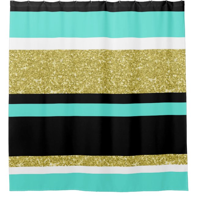 Gold Turquoise Black Stripe Pattern Shower Curtain (Front)