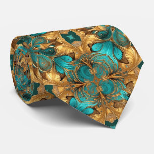 Gold Turquoise Blue Fractal mandelbrot Tie