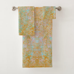Gold & Turquoise Blue Patina Alcohol Ink Abstract Bath Towel Set