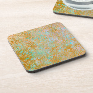 Gold & Turquoise Blue Patina Alcohol Ink Abstract Coaster