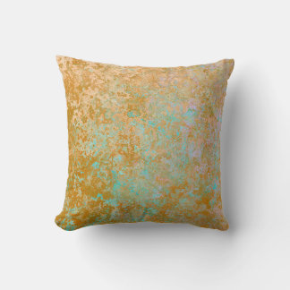 Gold & Turquoise Blue Patina Alcohol Ink Abstract Cushion