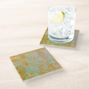 Gold & Turquoise Blue Patina Alcohol Ink Abstract Glass Coaster