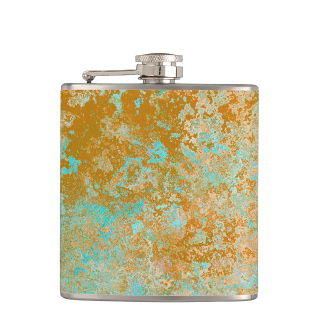 Gold & Turquoise Blue Patina Alcohol Ink Abstract Hip Flask (Front)