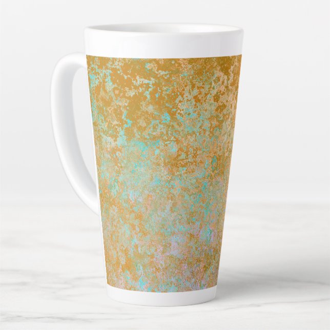 Gold & Turquoise Blue Patina Alcohol Ink Abstract Latte Mug (Left Angle)