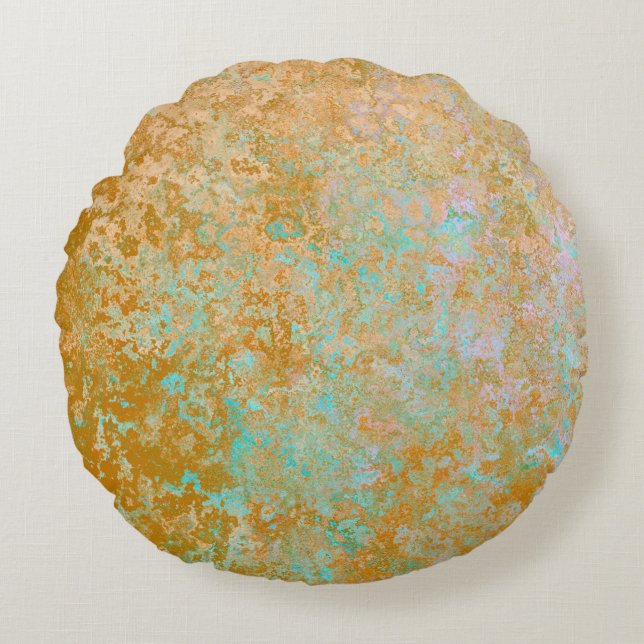 Gold & Turquoise Blue Patina Alcohol Ink Abstract Round Cushion (Front)