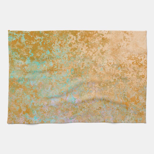Gold & Turquoise Blue Patina Alcohol Ink Abstract Tea Towel (Horizontal)